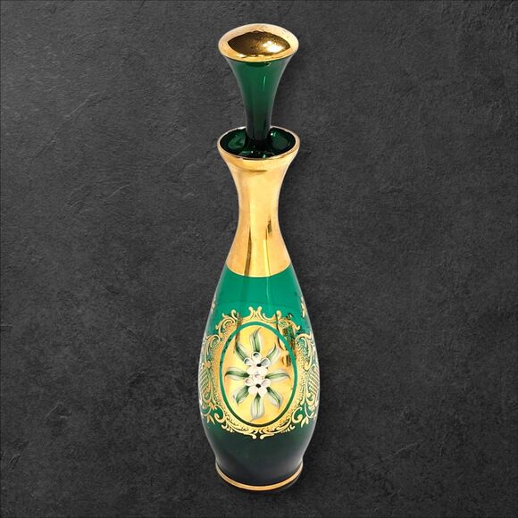 Vintage Murano Green Gold Glass Decanter Set w 4 Glasses & Stopper Italy Barware - Picture 4 of 14